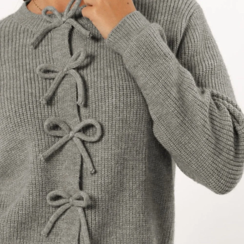 Bow Round Neck Long Sleeve Cardigan - Picture 4 of 8
